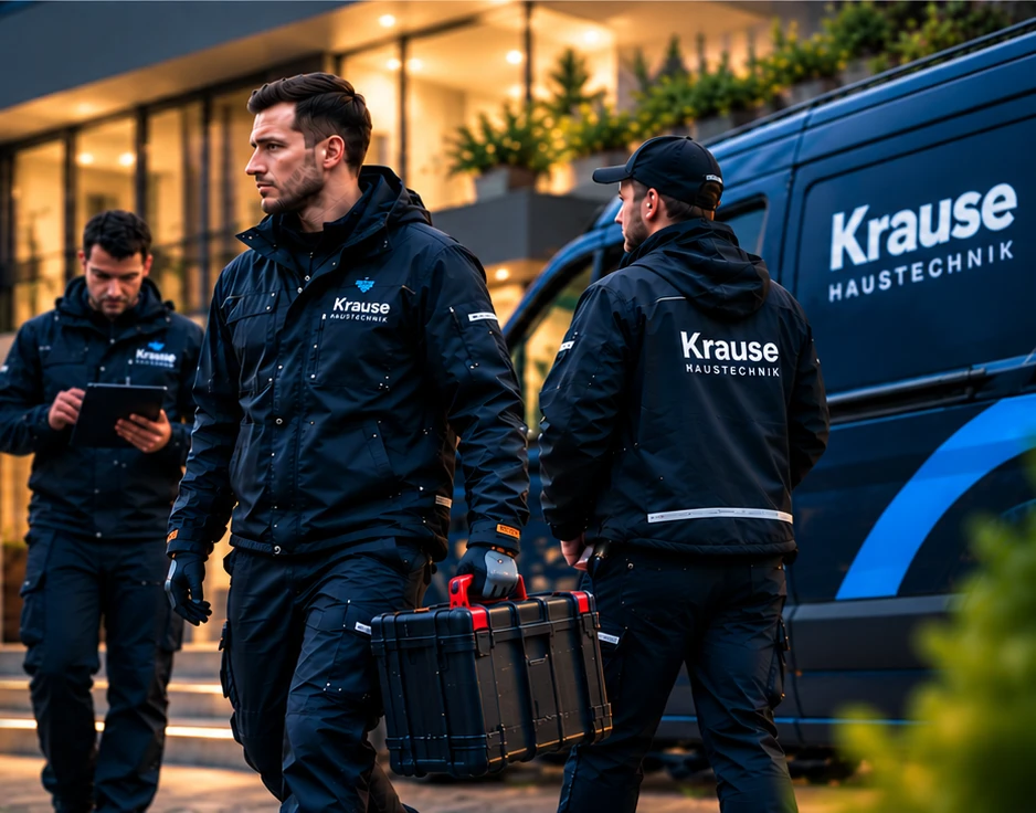 Symbolbild: Krause-Monteure mit Werkzeugkoffer am Abend vor einem Haus, daneben der Krause-Transporter